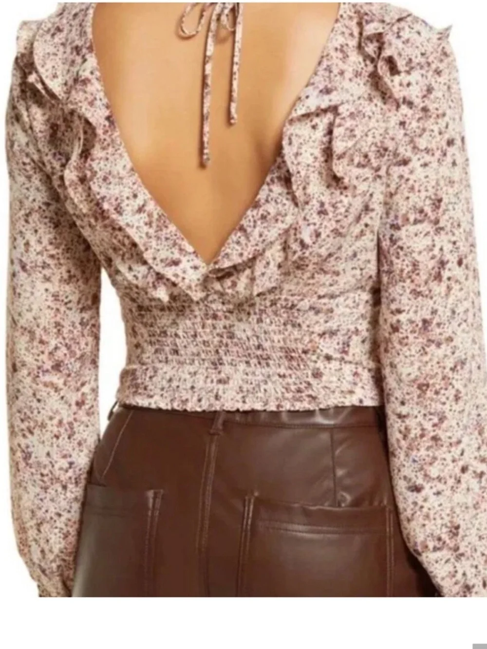 Open Edit Women's ivory multi Flower fields Ruffle V-Neck Blouse crop smocked L